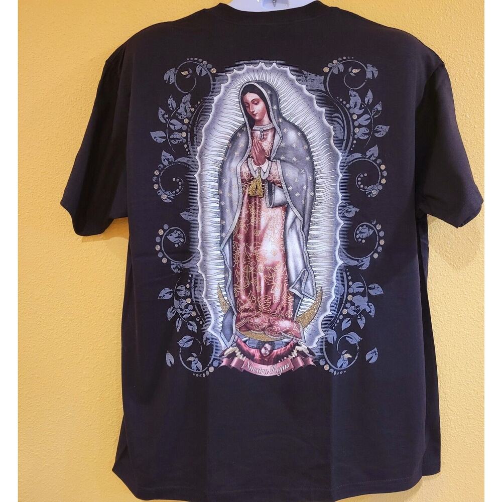VIRGEN DE GUADALUPE T-SHIRT Nuestra Reyna Black with glitter size XL graphic tee